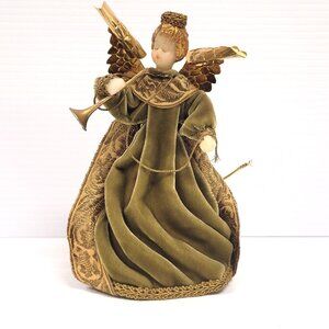 Koestel Angel Christmas Tree Topper Wax Face Hands Green Gold 1950s West Germany
